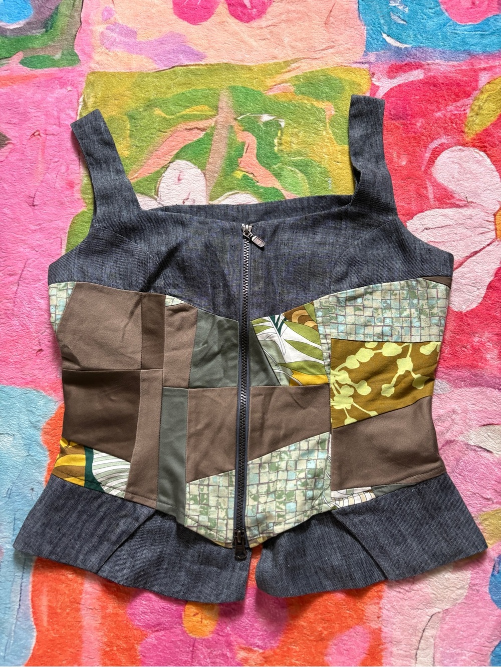 Patchwork Zip-Front Women’s Top in Olive and Denim